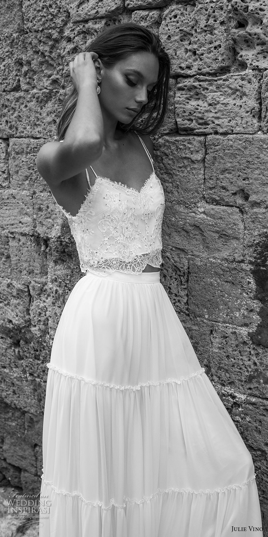 julie vino 2018 bridal spaghetti strap sweetheart neckline heavily embellished bodice 2 piece crop top bohemian soft a  line wedding dress sweep train  (55) zv