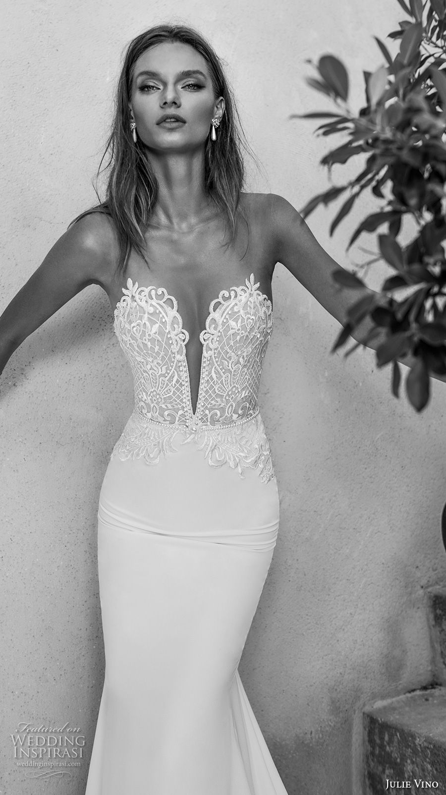 julie vino 2018 bridal strapless deep plunging sweetheart neckline heavily embellished bodice elegant sexy sheath wedding dress rasor lace back tail chapel train (54) mv