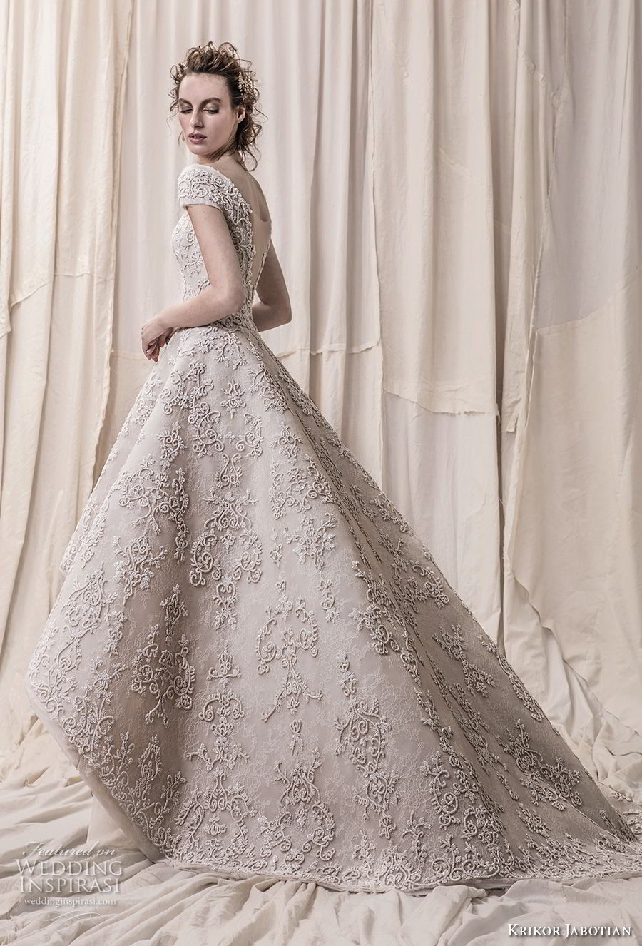 krikor jabotian spring 2018 bridal cap sleeves bateau neckline full embellishment princess glamorous high low a  line wedding dress open v back chapel train (03) bv