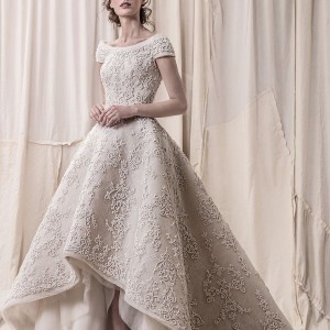 krikor jabotian spring 2018 bridal cap sleeves bateau neckline full embellishment princess glamorous high low a  line wedding dress open v back chapel train (03) mv