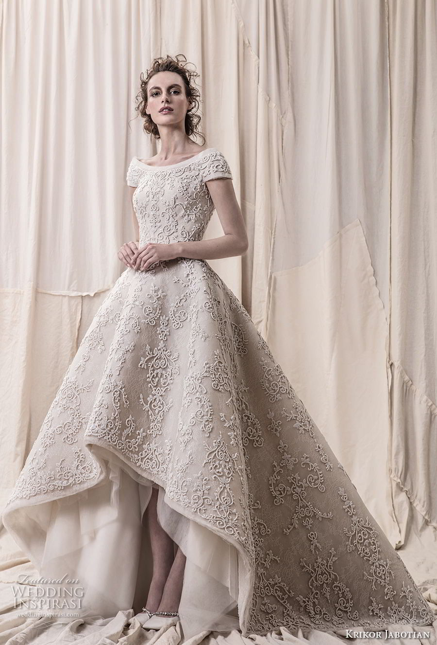 krikor jabotian spring 2018 bridal cap sleeves bateau neckline full embellishment princess glamorous high low a  line wedding dress open v back chapel train (03) mv