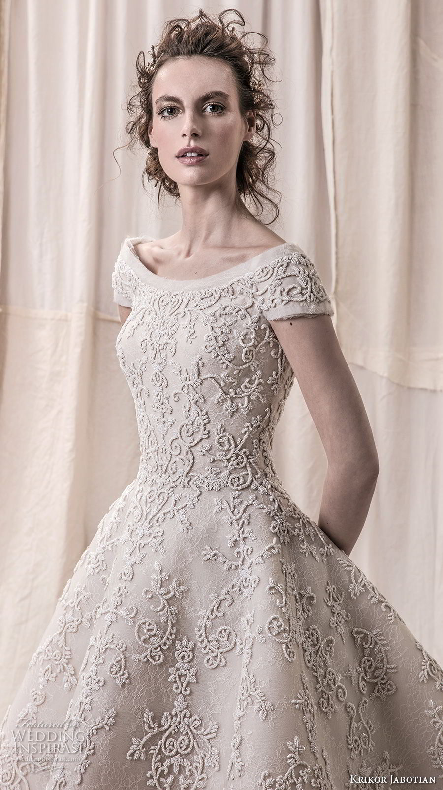 krikor jabotian spring 2018 bridal cap sleeves bateau neckline full embellishment princess glamorous high low a  line wedding dress open v back chapel train (03) zv