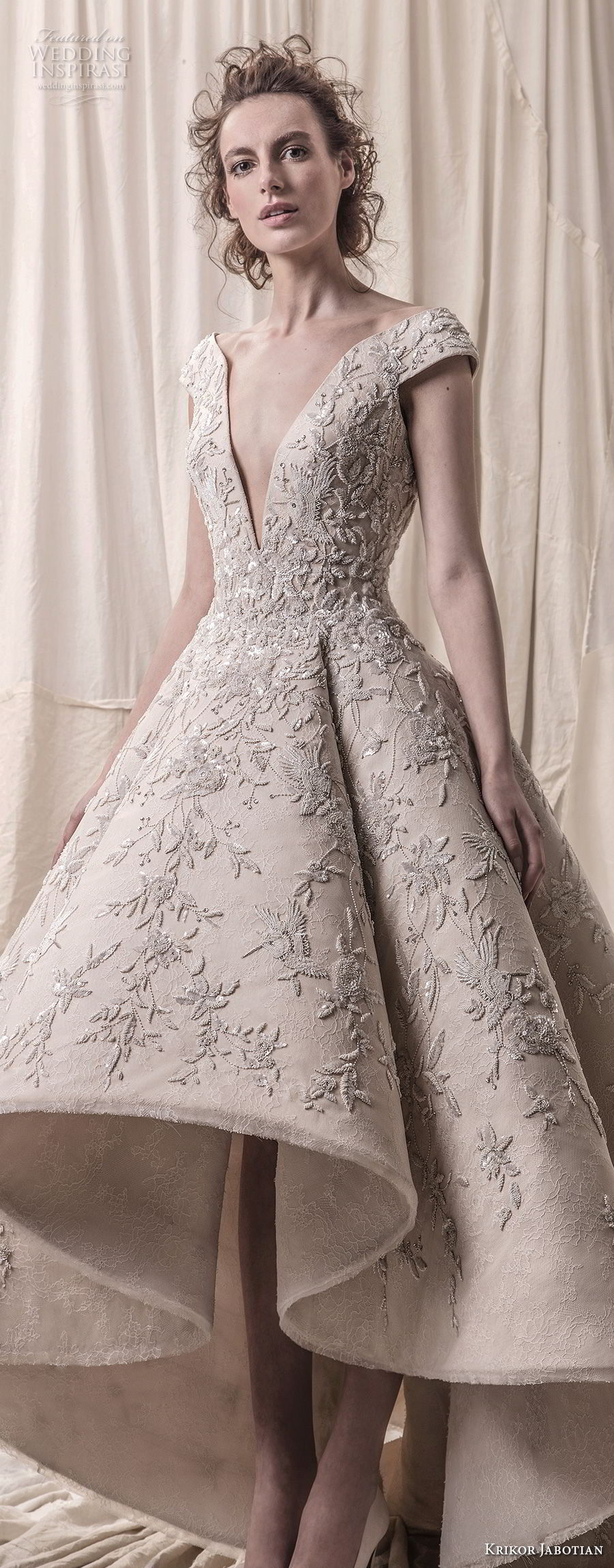 krikor jabotian spring 2018 bridal cap sleeves deep v neck heavily embellished bodice glamorous princess high low a  line wedding dress chapel train (01) lv