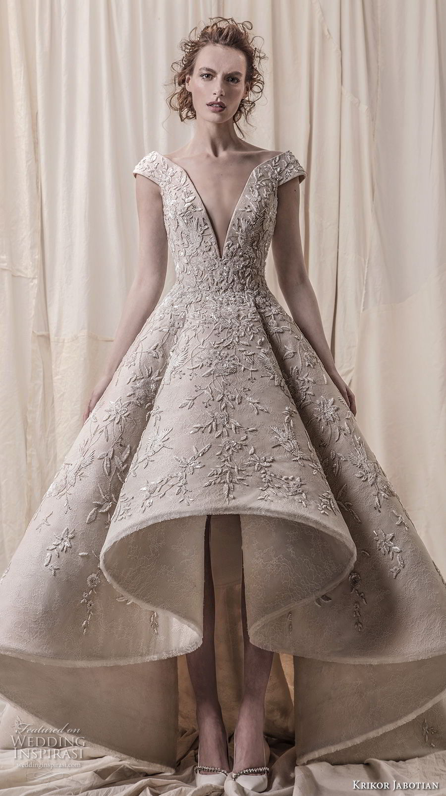 krikor jabotian spring 2018 bridal cap sleeves deep v neck heavily embellished bodice glamorous princess high low a  line wedding dress chapel train (01) mv