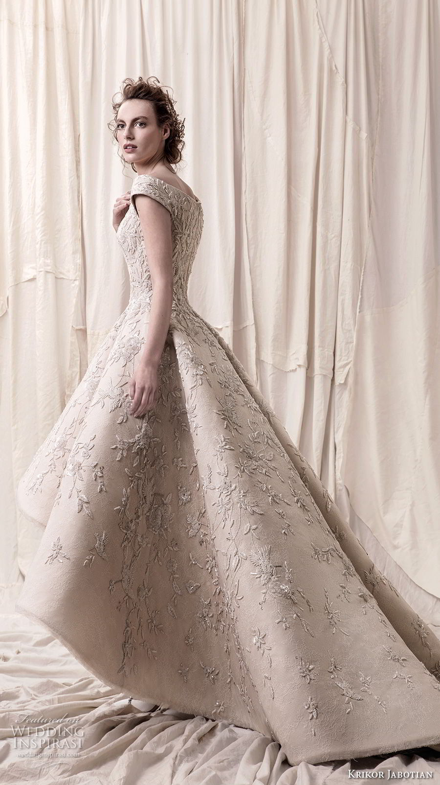 krikor jabotian spring 2018 bridal cap sleeves deep v neck heavily embellished bodice glamorous princess high low a  line wedding dress chapel train (01) sdv