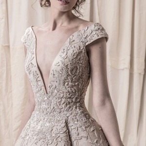 krikor jabotian spring 2018 bridal cap sleeves deep v neck heavily embellished bodice glamorous princess high low a  line wedding dress chapel train (01) zv