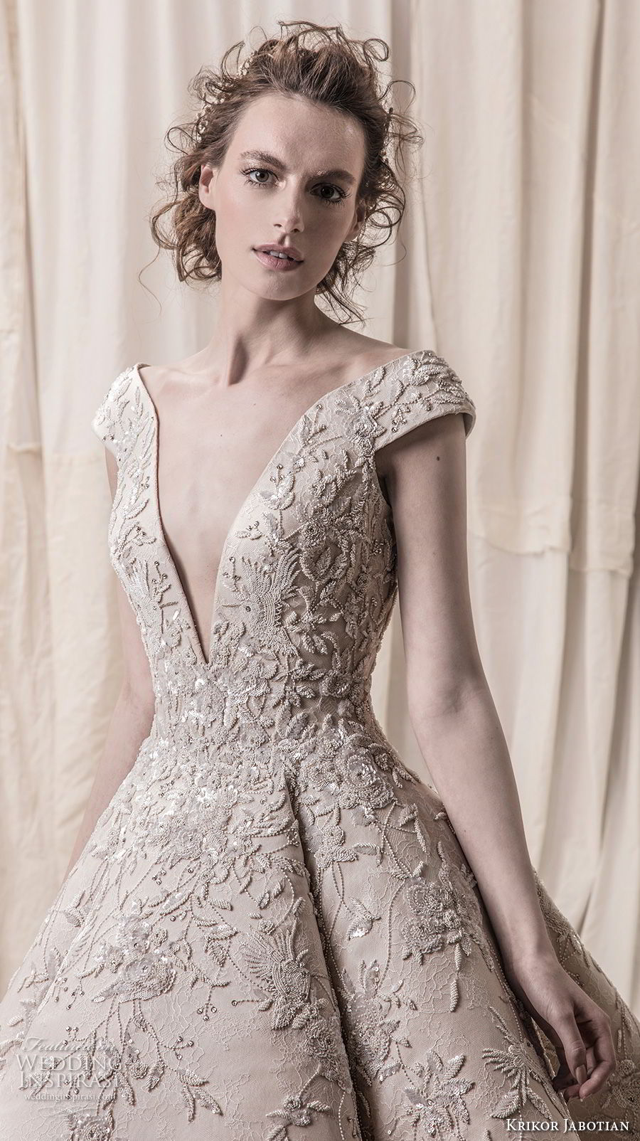 krikor jabotian spring 2018 bridal cap sleeves deep v neck heavily embellished bodice glamorous princess high low a  line wedding dress chapel train (01) zv