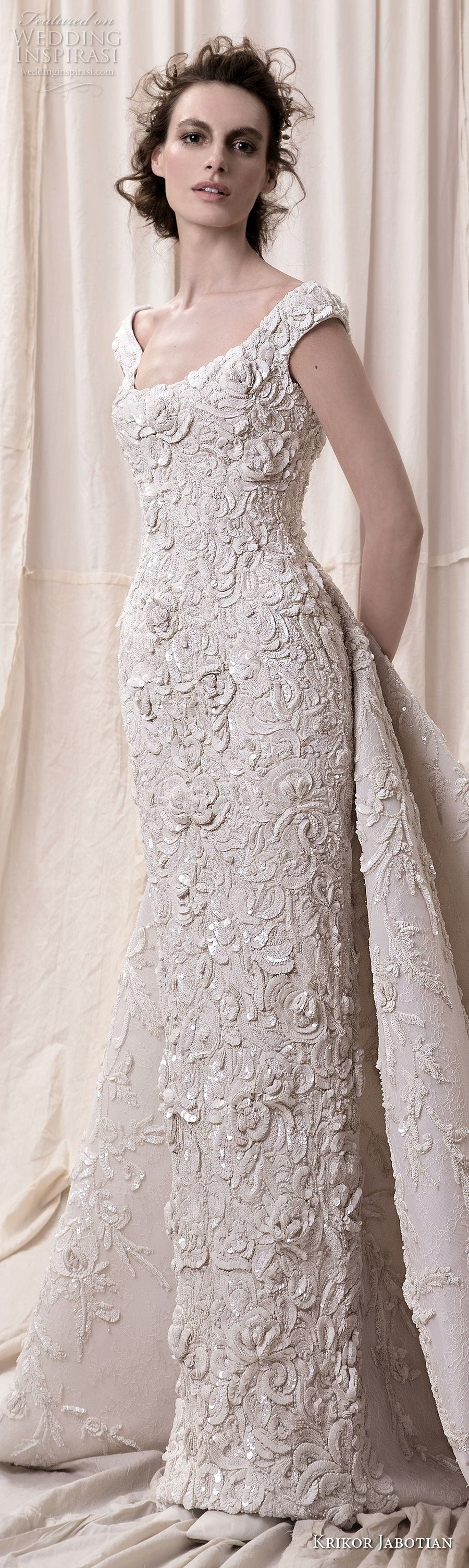 krikor jabotian spring 2018 bridal cap sleeves scoop neckline full embellishment elegant glamorous sheath wedding dress a  line overskirt chapel train (10) lv