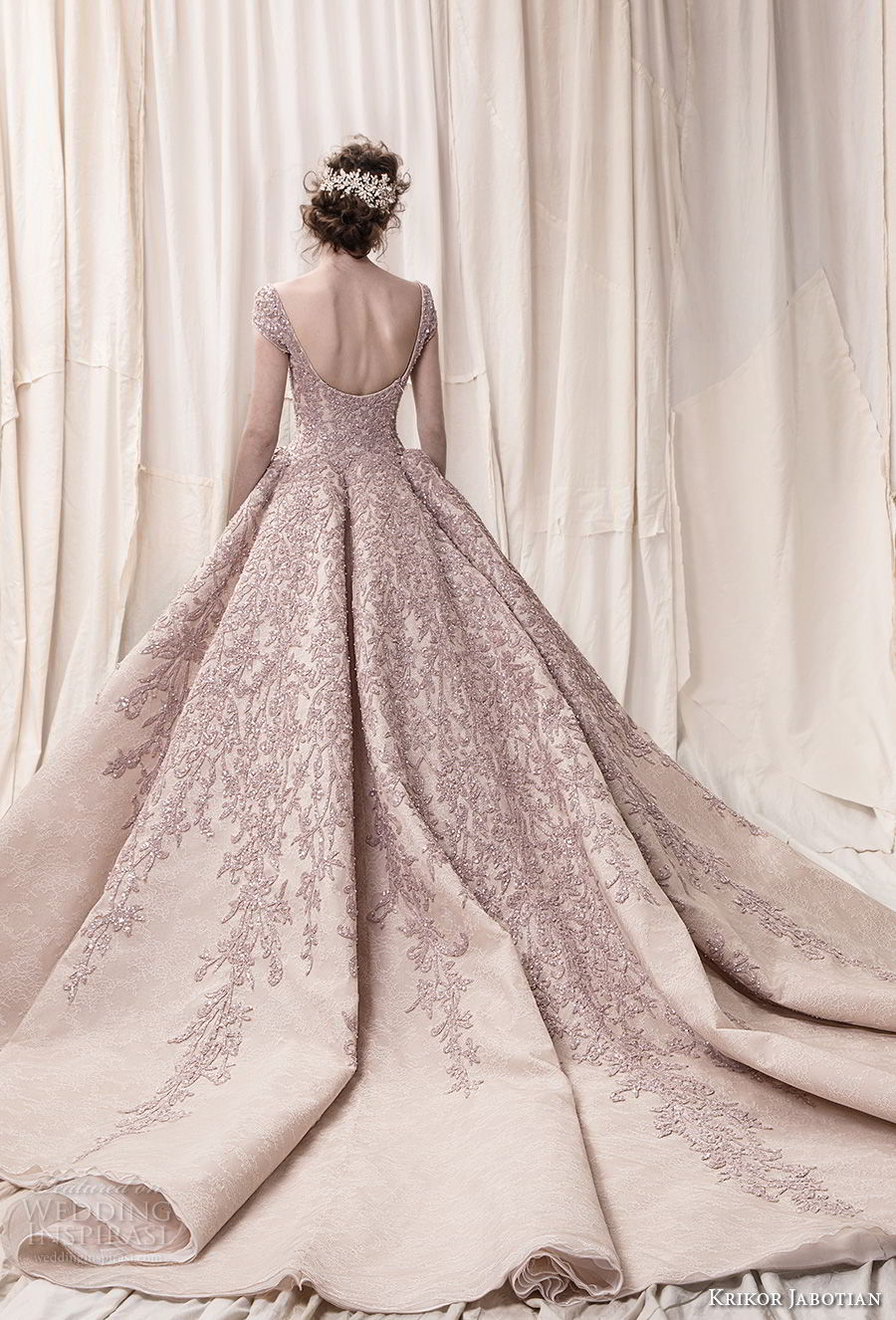 krikor jabotian spring 2018 bridal cap sleeves scoop neckline heavily embeliished blush color glamorous princess ball gown a  line wedding dress open scoop back royal train (08) bv