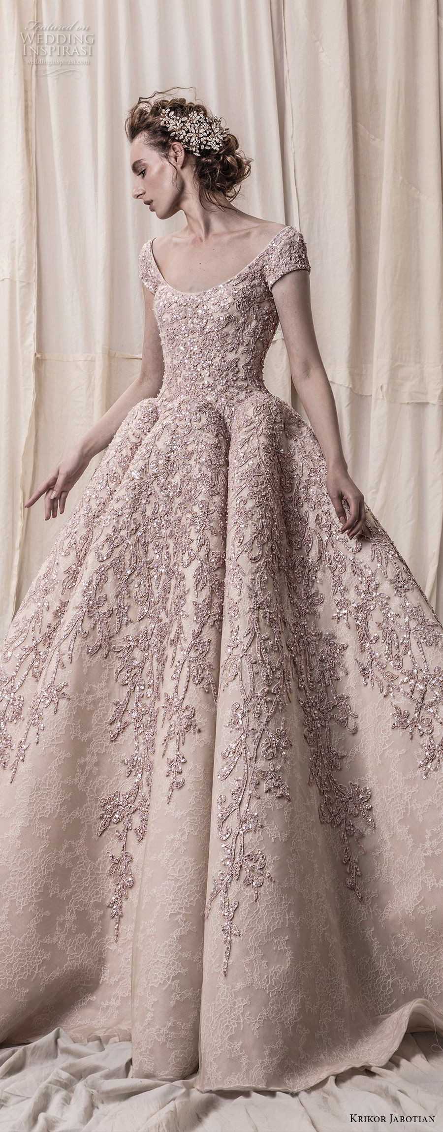 krikor jabotian spring 2018 bridal cap sleeves scoop neckline heavily embeliished blush color glamorous princess ball gown a  line wedding dress open scoop back royal train (08) lv