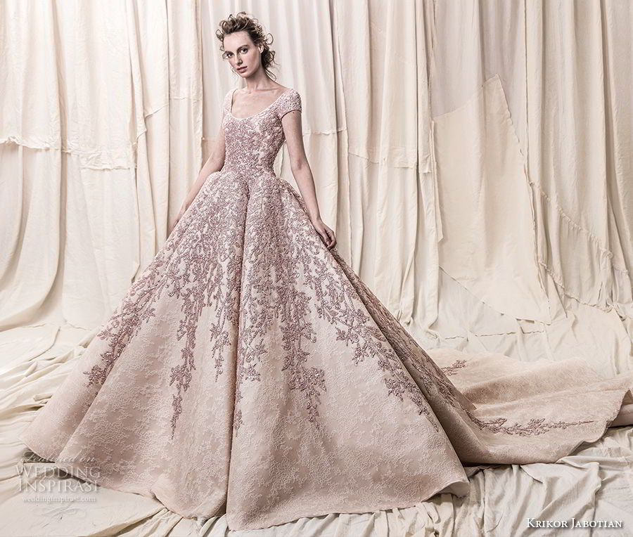 krikor jabotian spring 2018 bridal cap sleeves scoop neckline heavily embeliished blush color glamorous princess ball gown a  line wedding dress open scoop back royal train (08) mv