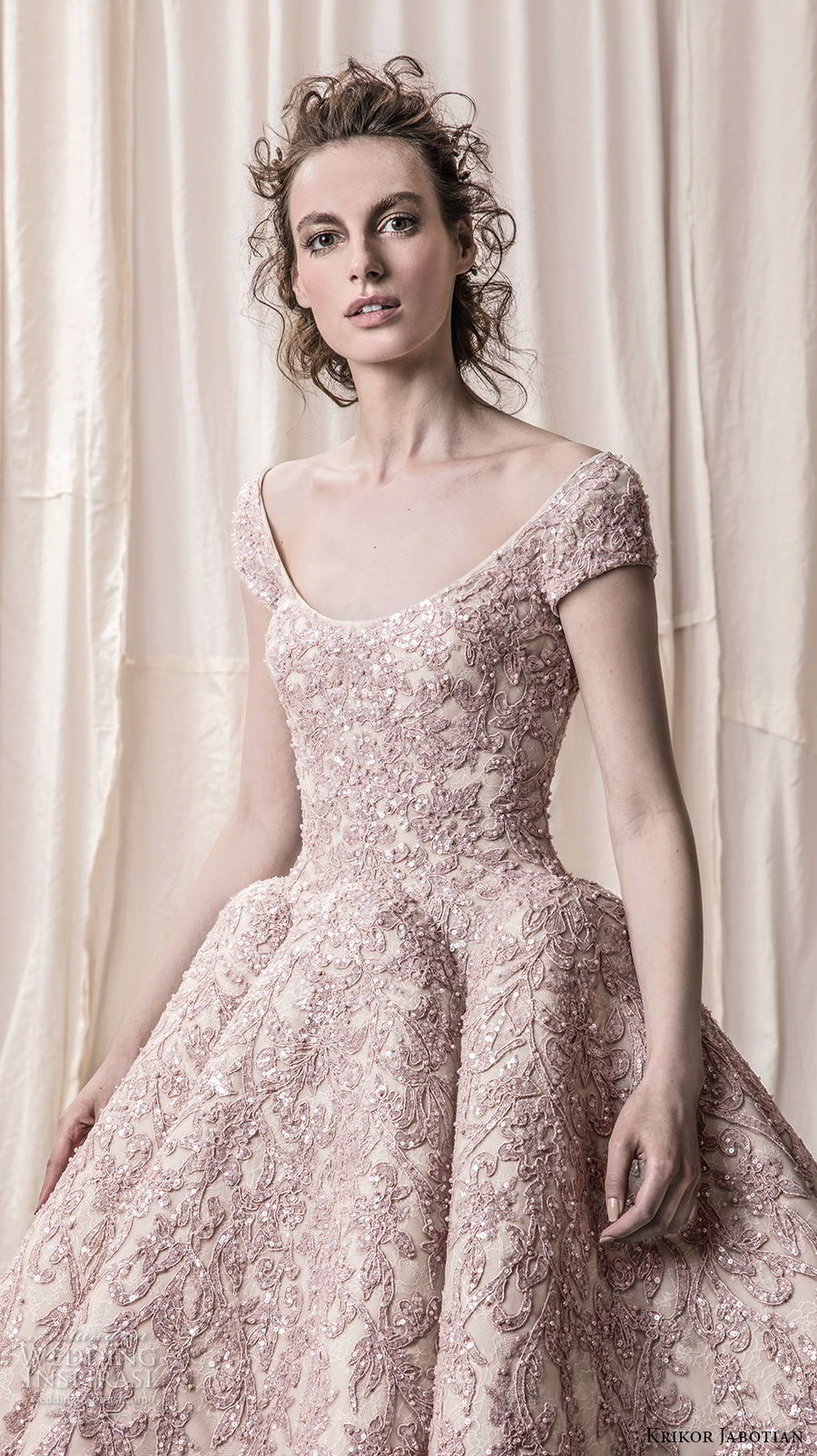 krikor jabotian spring 2018 bridal cap sleeves scoop neckline heavily embeliished blush color glamorous princess ball gown a  line wedding dress open scoop back royal train (08) zv