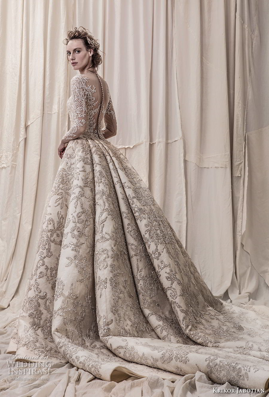 krikor jabotian spring 2018 bridal long sleeves scoop neck full embellishment glamorous princess ball gown a  line wedding dress sheer button back royal train (04) bv