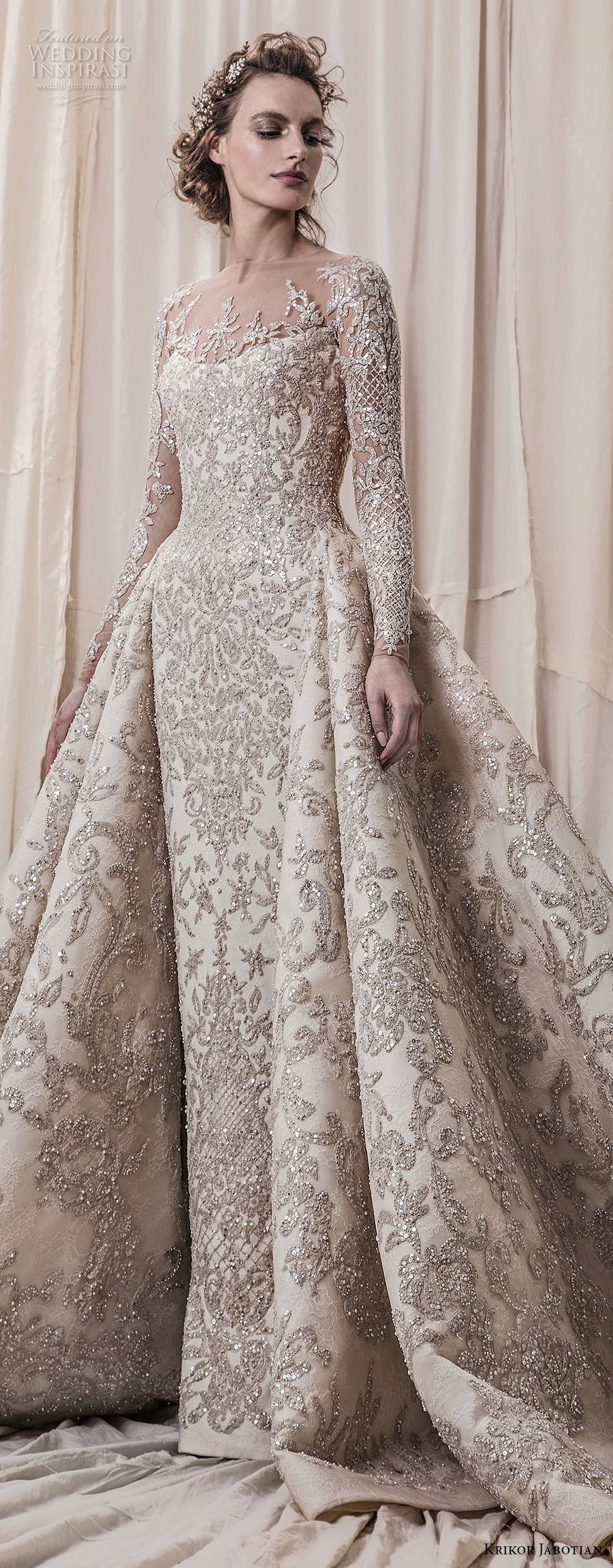 krikor jabotian spring 2018 bridal long sleeves scoop neck full embellishment glamorous princess ball gown a  line wedding dress sheer button back royal train (04) lv