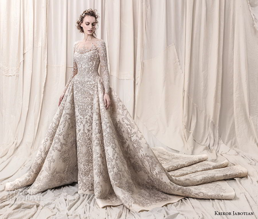 krikor jabotian spring 2018 bridal long sleeves scoop neck full embellishment glamorous princess ball gown a  line wedding dress sheer button back royal train (04) mv