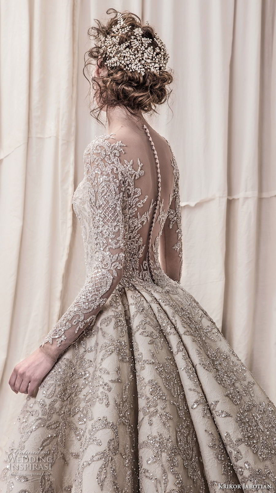 krikor jabotian spring 2018 bridal long sleeves scoop neck full embellishment glamorous princess ball gown a  line wedding dress sheer button back royal train (04) zbv