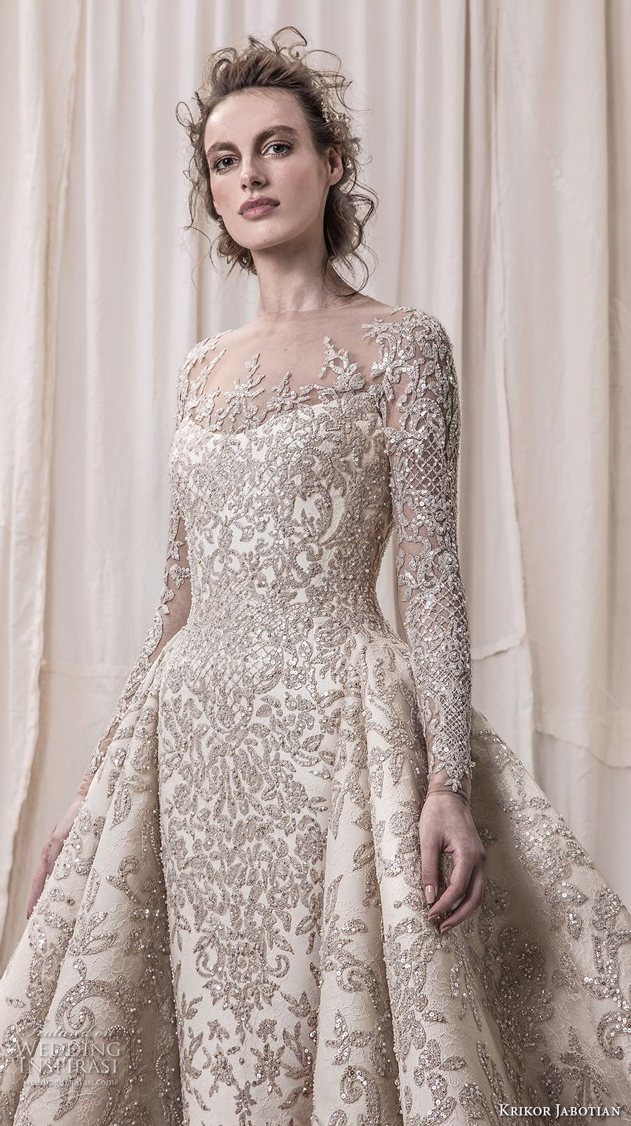 krikor jabotian spring 2018 bridal long sleeves scoop neck full embellishment glamorous princess ball gown a  line wedding dress sheer button back royal train (04) zv