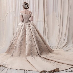 krikor jabotian spring 2018 bridal off the shoulder straight across neck full embellishment champagne gold princess ball gown a  line wedding dress royal train (06) bv