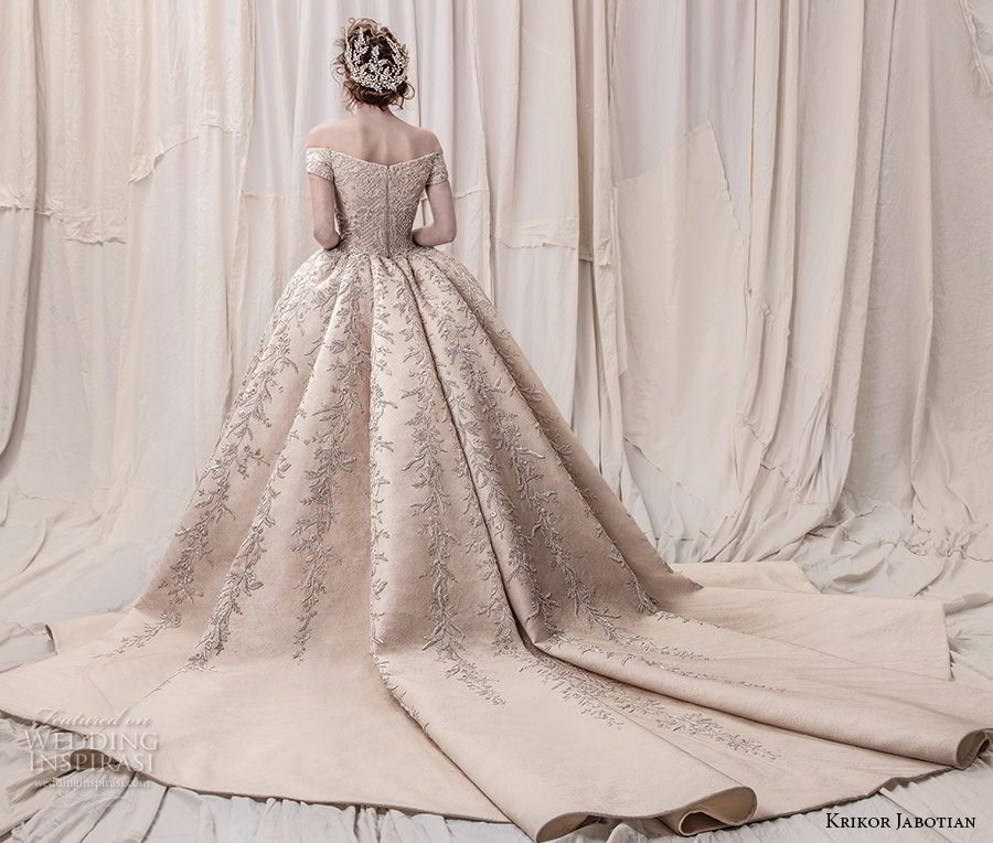 krikor jabotian spring 2018 bridal off the shoulder straight across neck full embellishment champagne gold princess ball gown a  line wedding dress royal train (06) bv