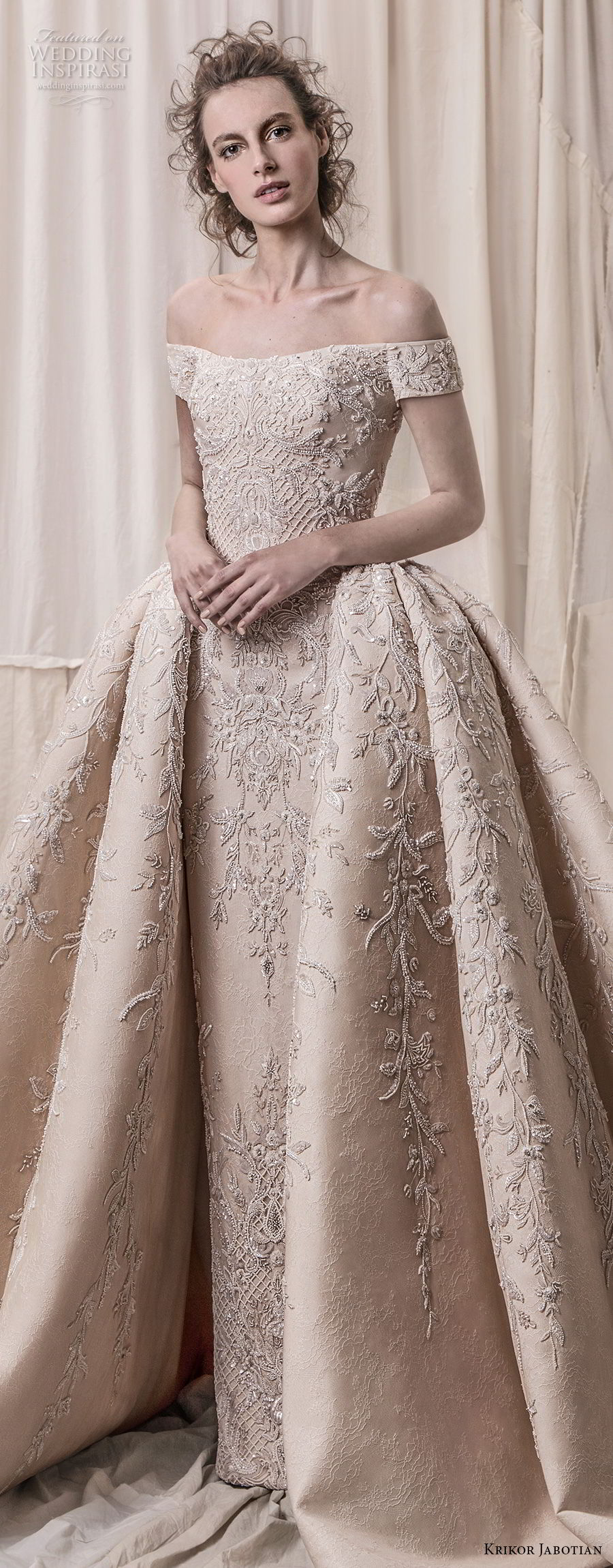 krikor jabotian spring 2018 bridal off the shoulder straight across neck full embellishment champagne gold princess ball gown a  line wedding dress royal train (06) lv