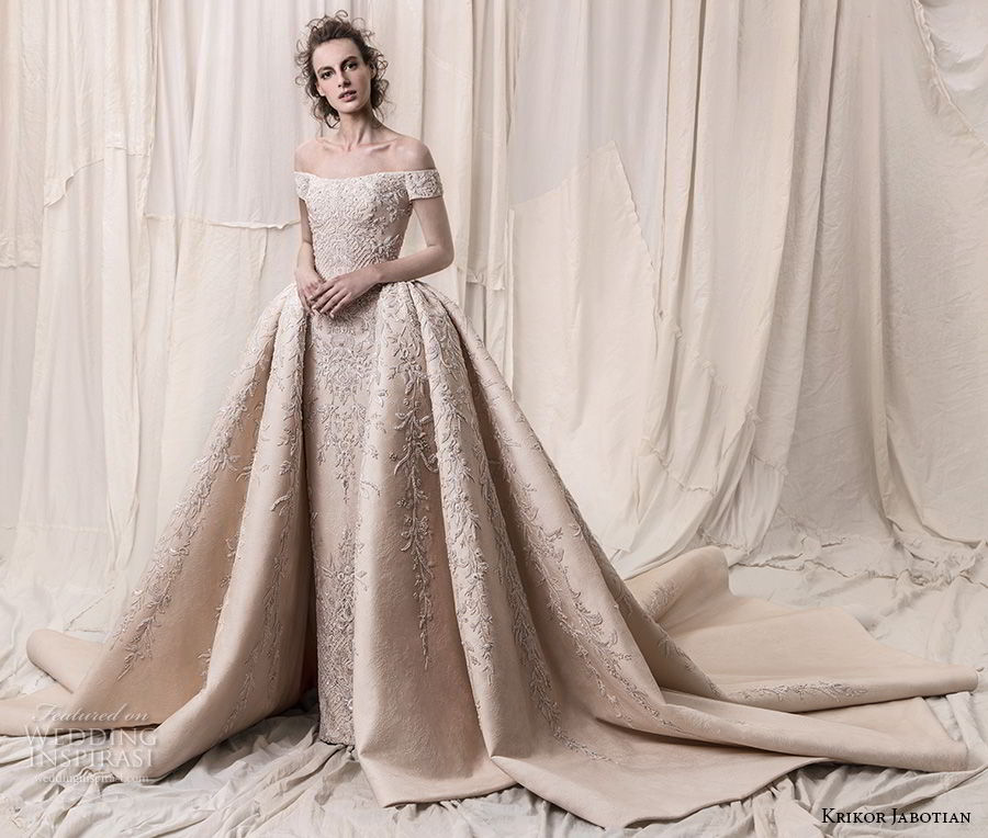 krikor jabotian spring 2018 bridal off the shoulder straight across neck full embellishment champagne gold princess ball gown a  line wedding dress royal train (06) mv