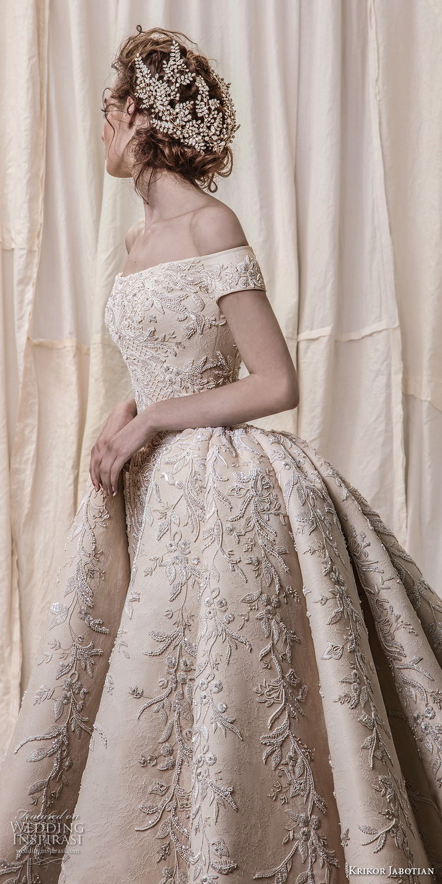 krikor jabotian spring 2018 bridal off the shoulder straight across neck full embellishment champagne gold princess ball gown a  line wedding dress royal train (06) sdv