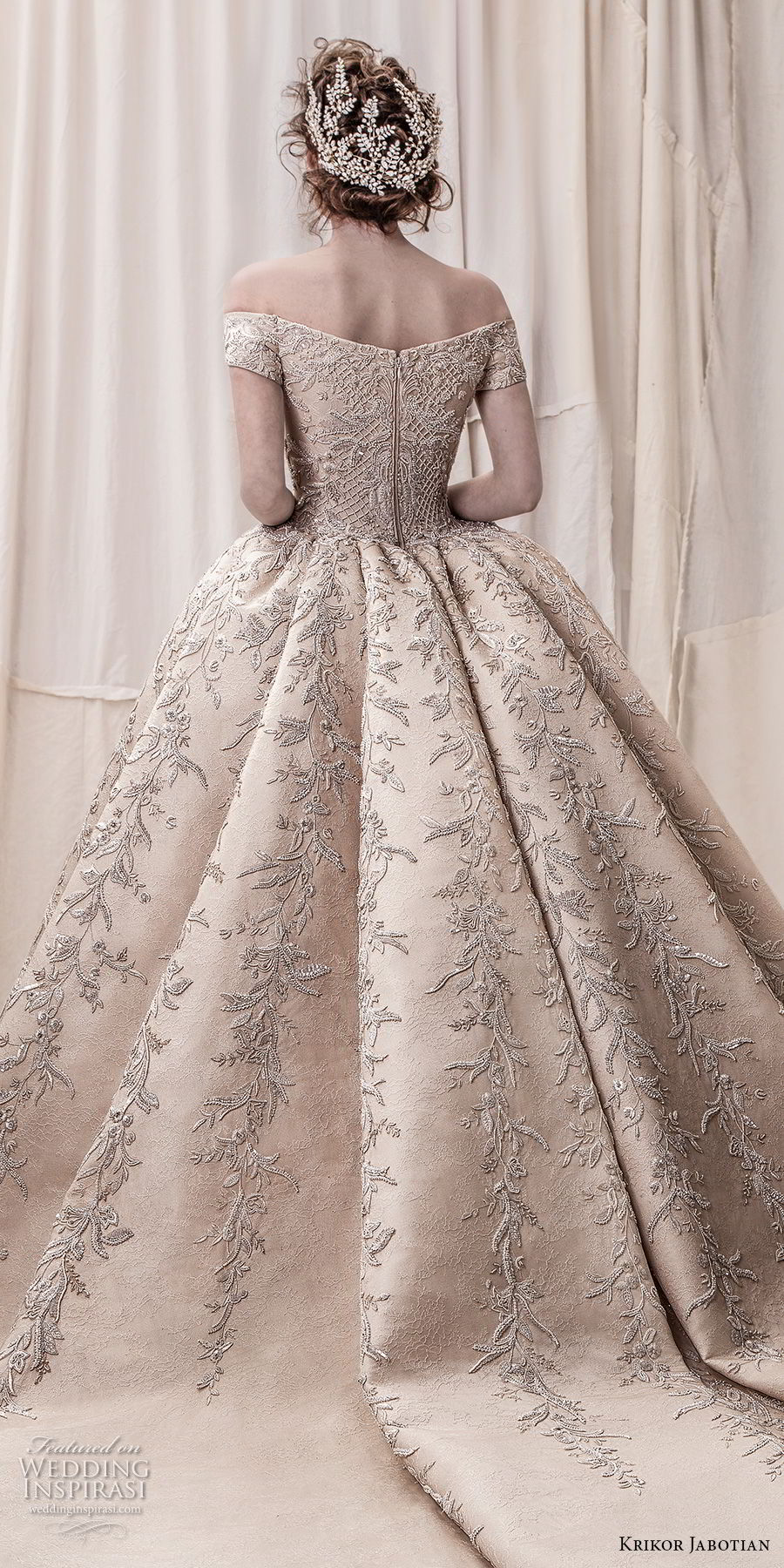 krikor jabotian spring 2018 bridal off the shoulder straight across neck full embellishment champagne gold princess ball gown a  line wedding dress royal train (06) zbv