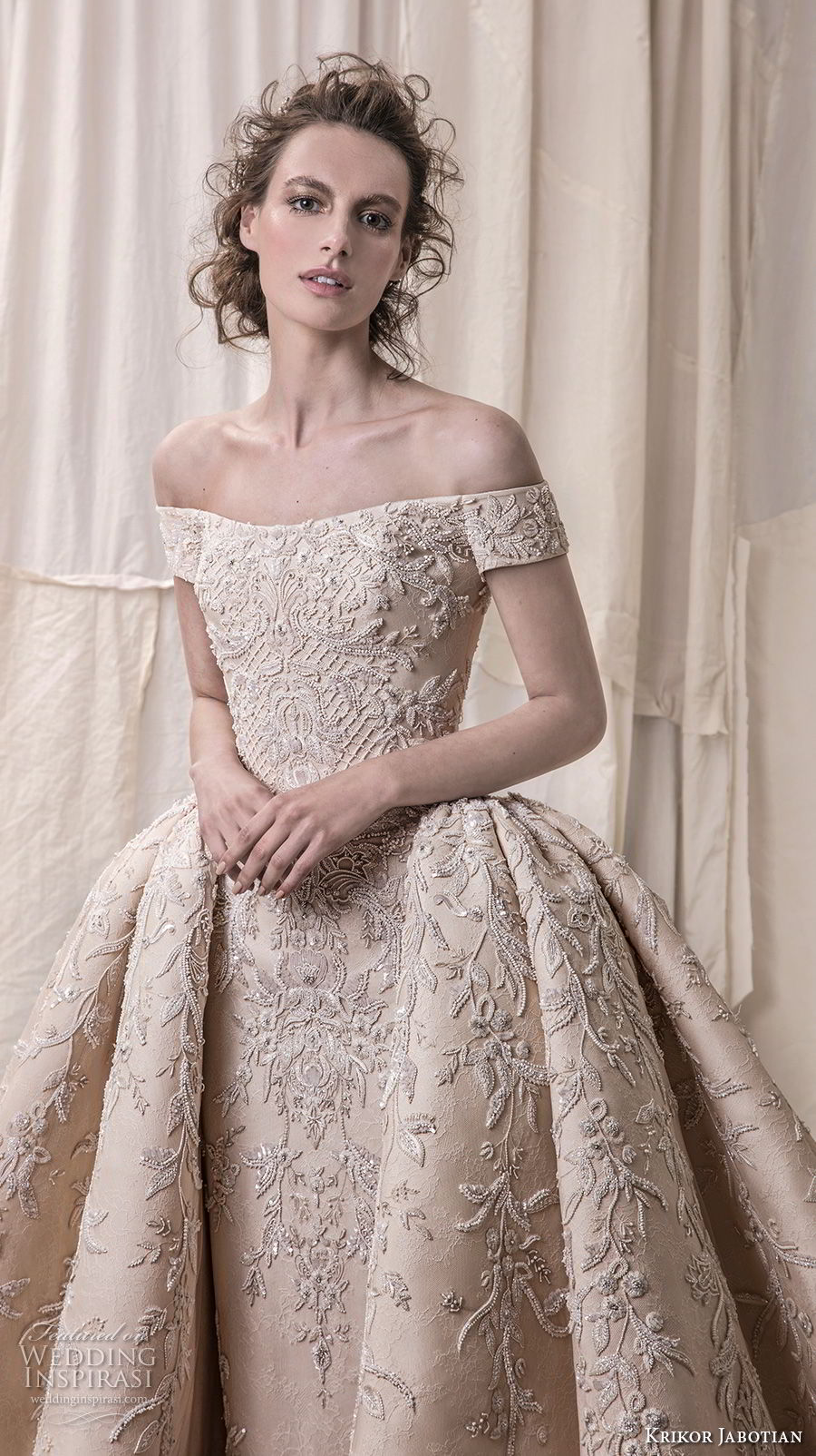 krikor jabotian spring 2018 bridal off the shoulder straight across neck full embellishment champagne gold princess ball gown a  line wedding dress royal train (06) zv