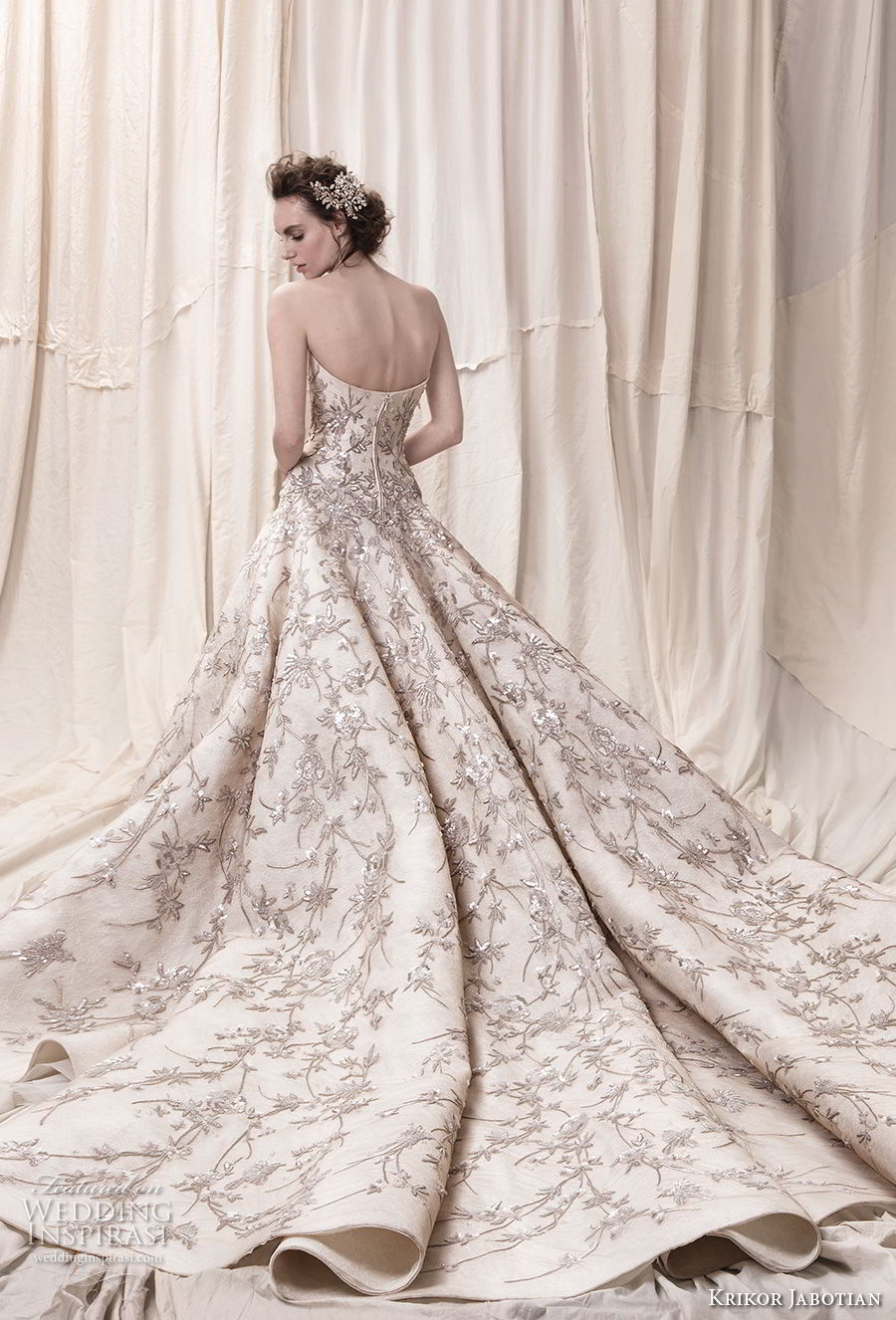 krikor jabotian spring 2018 bridal strapless straight across neckline full embellishment champagne color princess ball gown a  line wedding dress royal train (07) bv