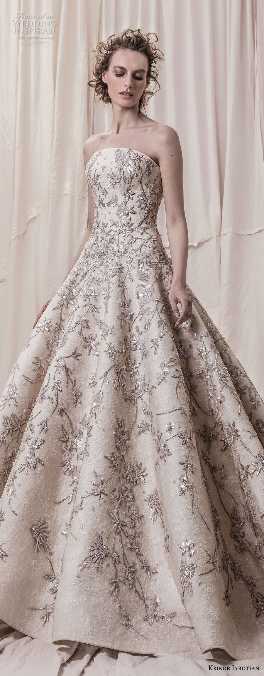 krikor jabotian spring 2018 bridal strapless straight across neckline full embellishment champagne color princess ball gown a  line wedding dress royal train (07) lv