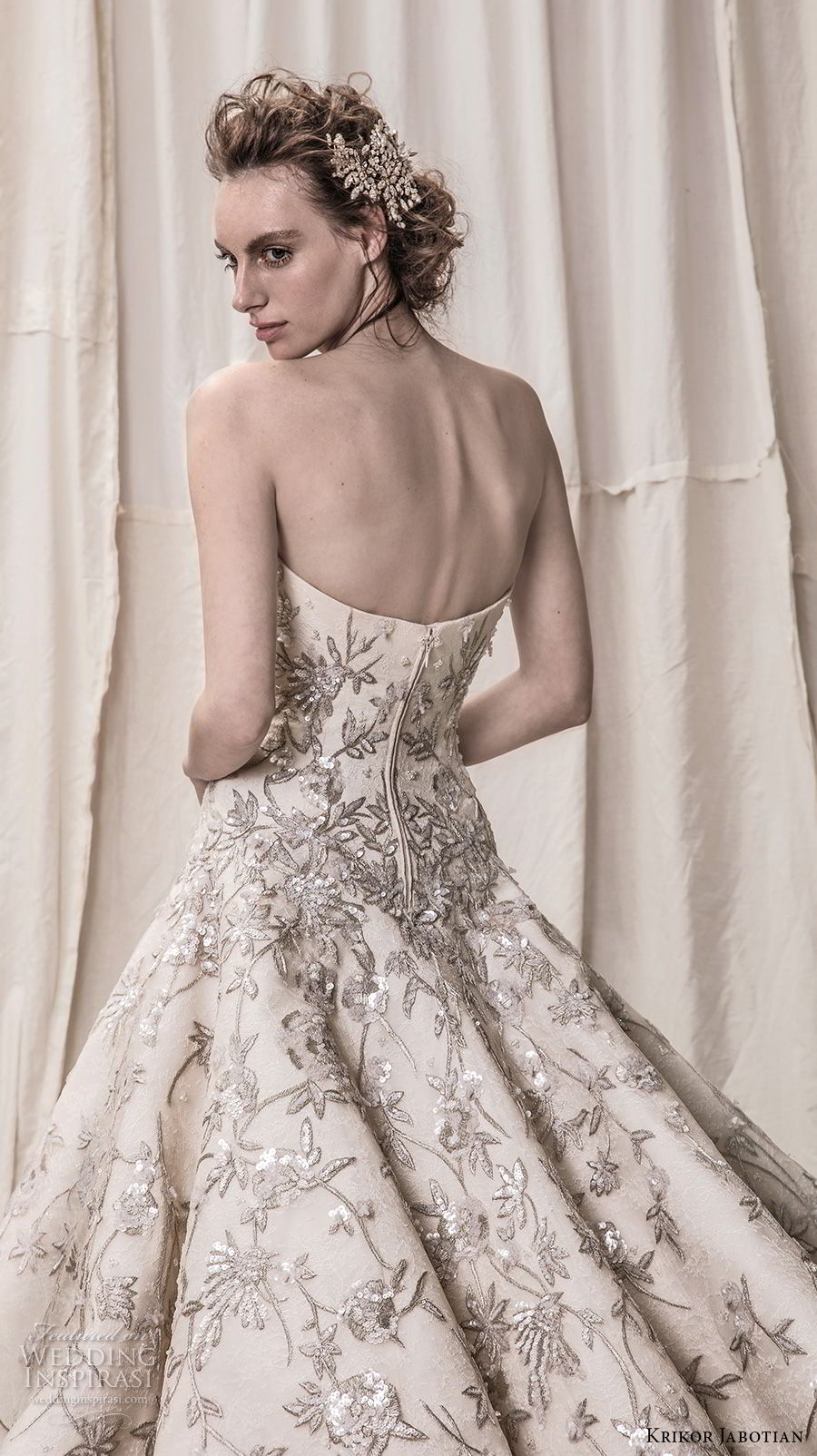 krikor jabotian spring 2018 bridal strapless straight across neckline full embellishment champagne color princess ball gown a  line wedding dress royal train (07) zbv