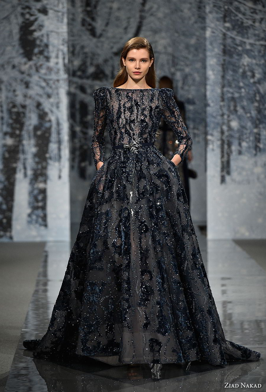 ziad nakad couture fall 2017 long gigot sleeves bateau neck full embellishment elegant glamorous couture dark blue a  line wedding dress pockets open back chapel train (5) mv