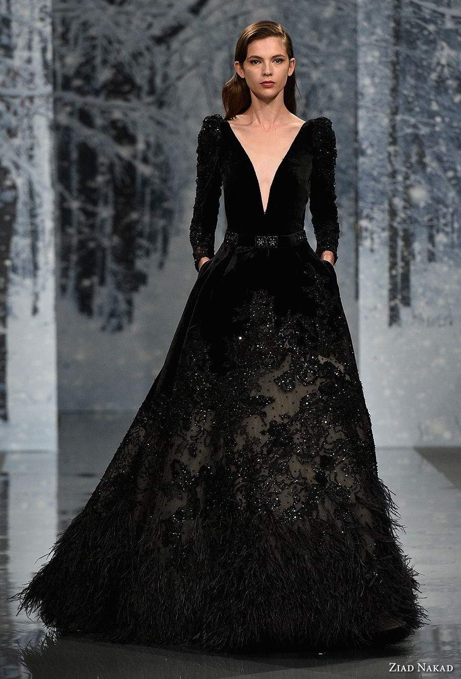 ziad nakad couture fall 2017 long gigot sleeves deep v neck full embellishment elegant black a  line wedding dress with pockets open v back chapel train (2) mv