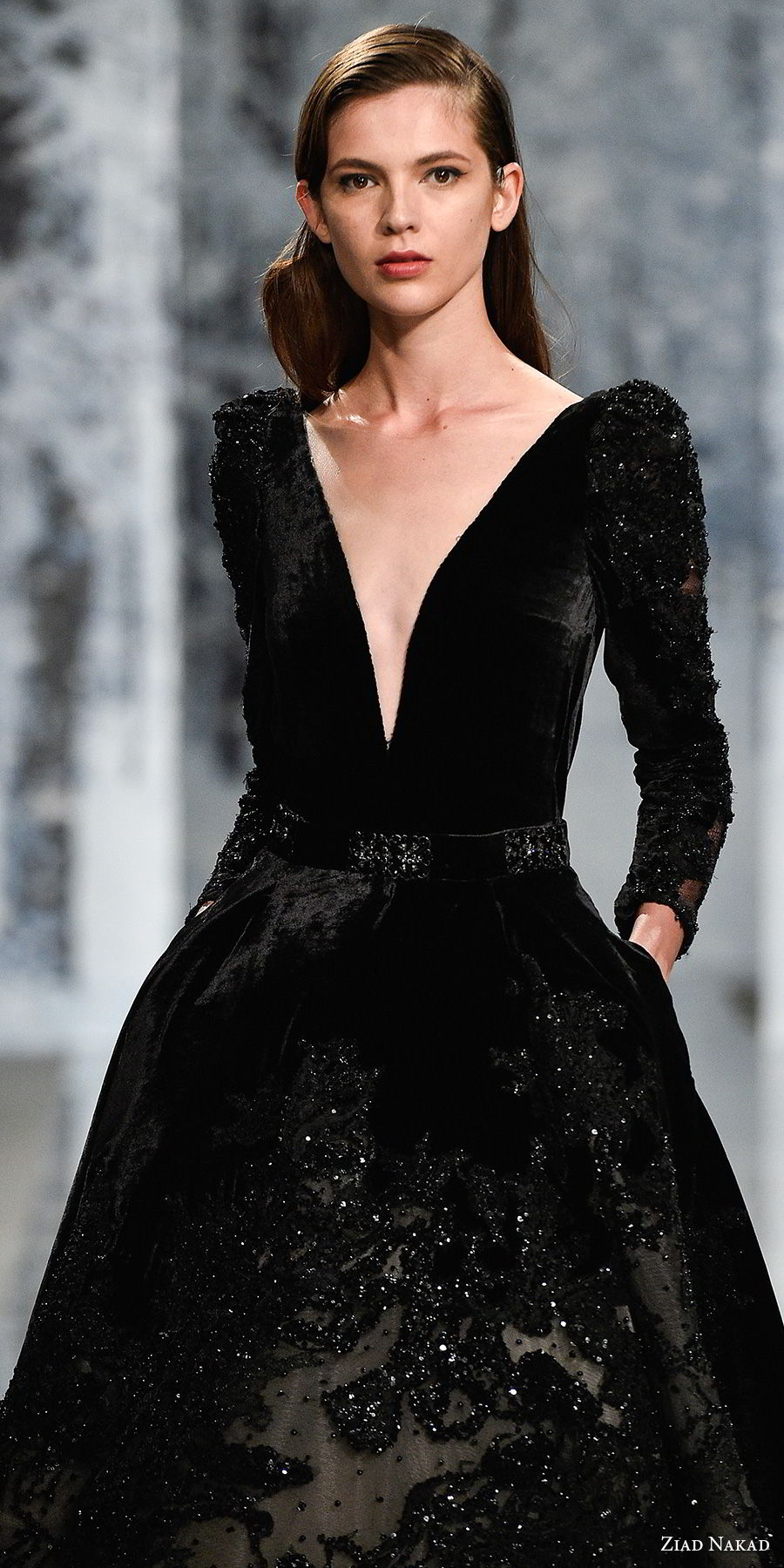 ziad nakad couture fall 2017 long gigot sleeves deep v neck full embellishment elegant black a  line wedding dress with pockets open v back chapel train (2) zv