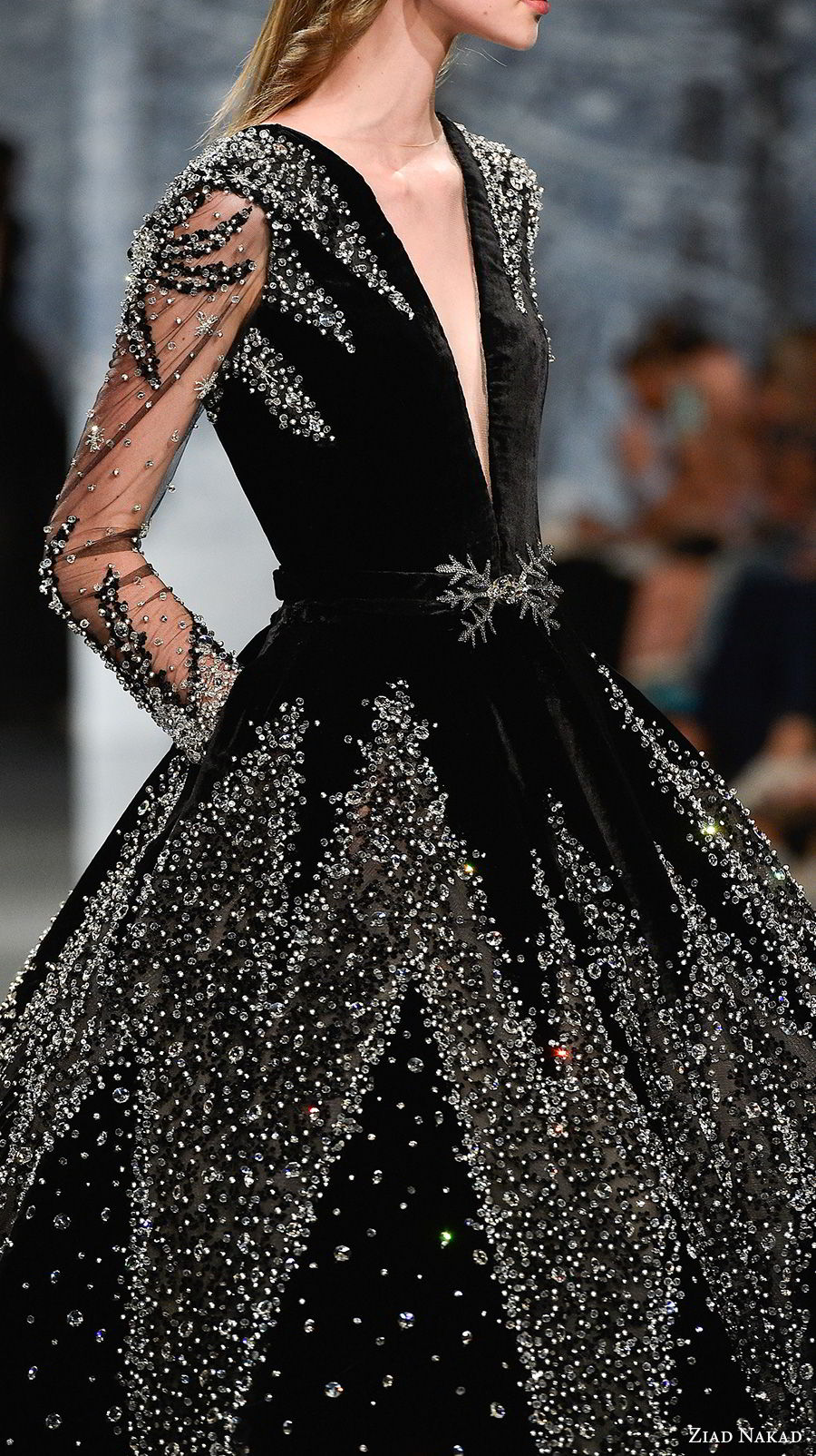 ziad nakad couture fall 2017 long sleeves deep plunging v neck full embellishment elegant glamorous black ball gown a  line wedding dress pockets open v back chapel train (3) zsdv