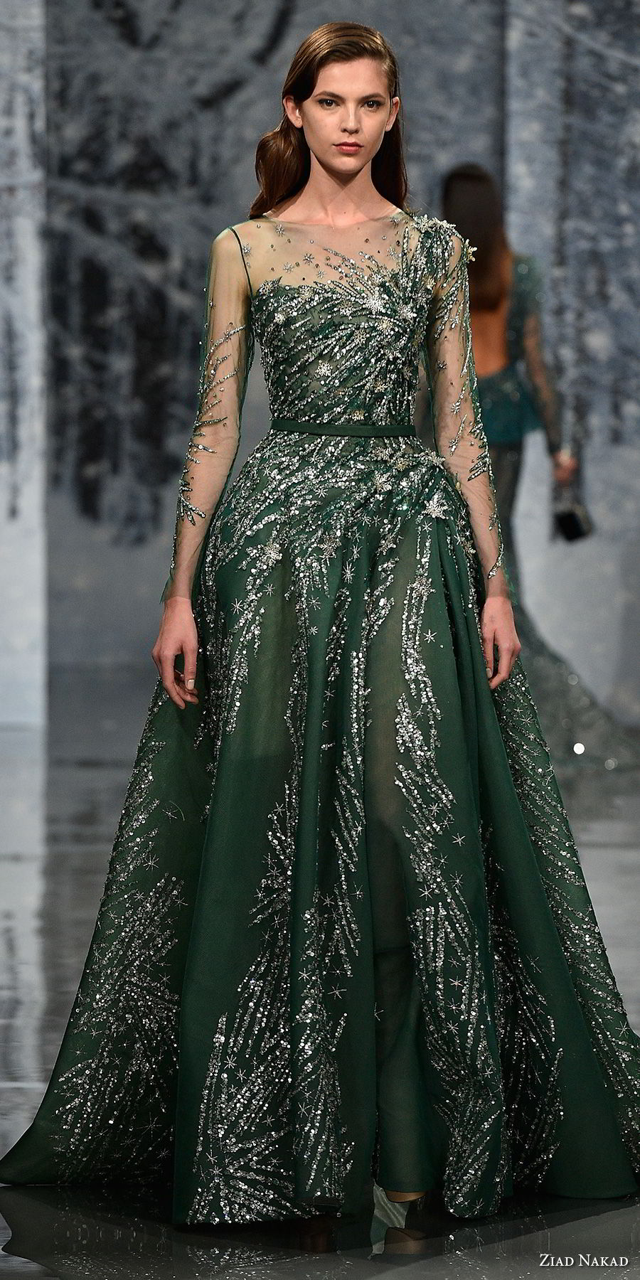 ziad nakad couture fall 2017 long sleeves illusion bateau one shoulder neckline full metallic embellishment elegant glamorous green a  line wedding dress sheer button back medium train (20) mv