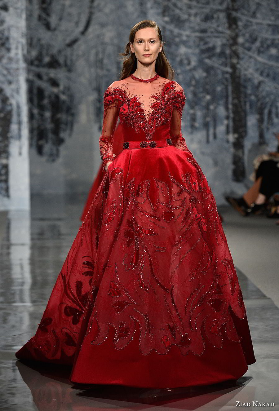 ziad nakad couture fall 2017 long sleeves illusion jewel deep sweetheart neckline full embellishment princess glamorous red ball gown a  line wedding dress sheer back chapel train (24) mv