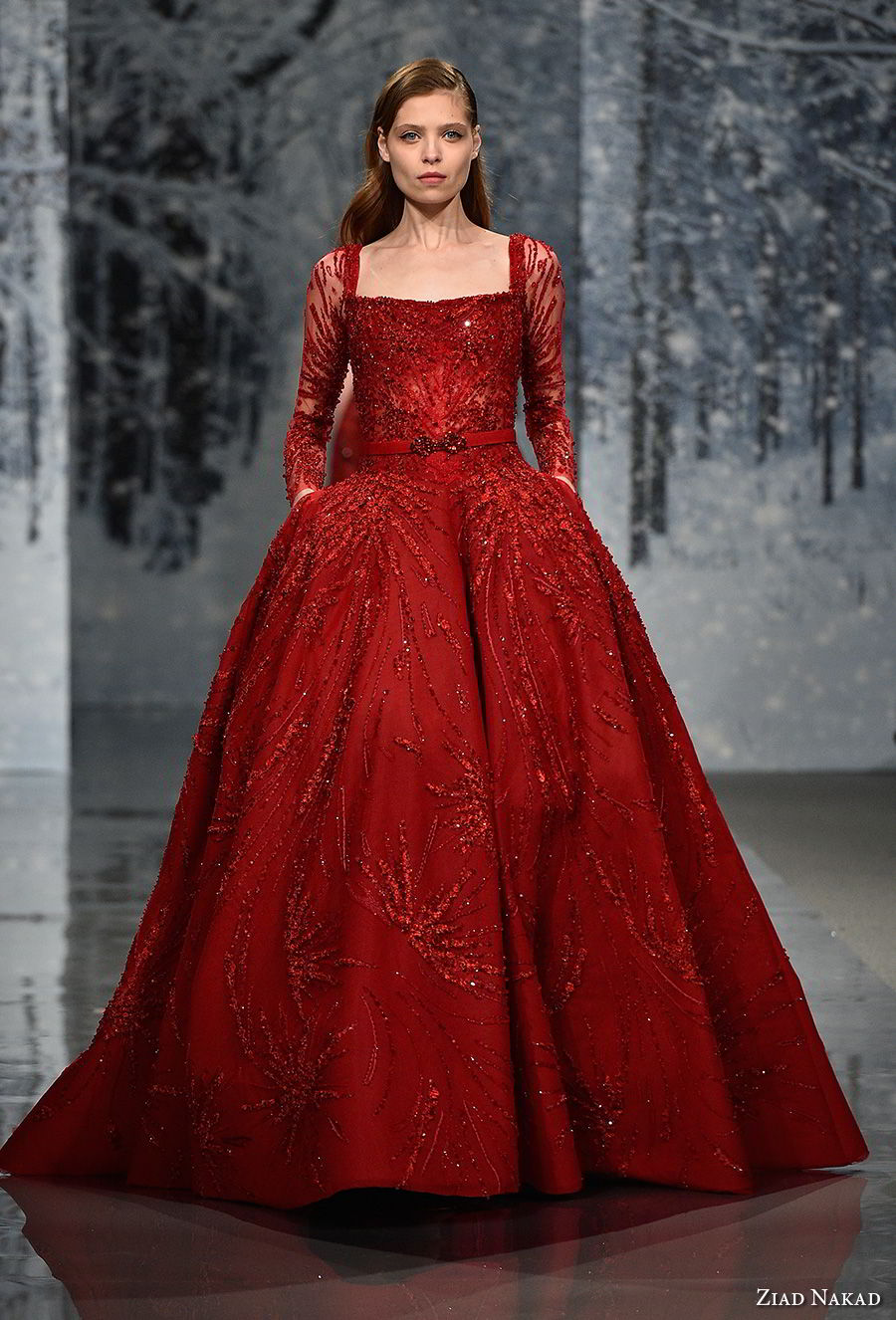 ziad nakad couture fall 2017 long sleeves straight across neckline heavily embellished beaded bodice princess glamorous red ball gown a  line wedding dress open back chapel train (23) mv