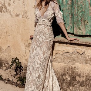 christos costarellos spring 2018 bridal half sleeves deep v neck full lace embellishment elegant bohemian sheath wedding dress sweep train (31) mv