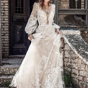 christos costarellos spring 2018 bridal long bishop sleeves v neck full lace embellishment bohemian elegant a  line wedding dress (70) mv