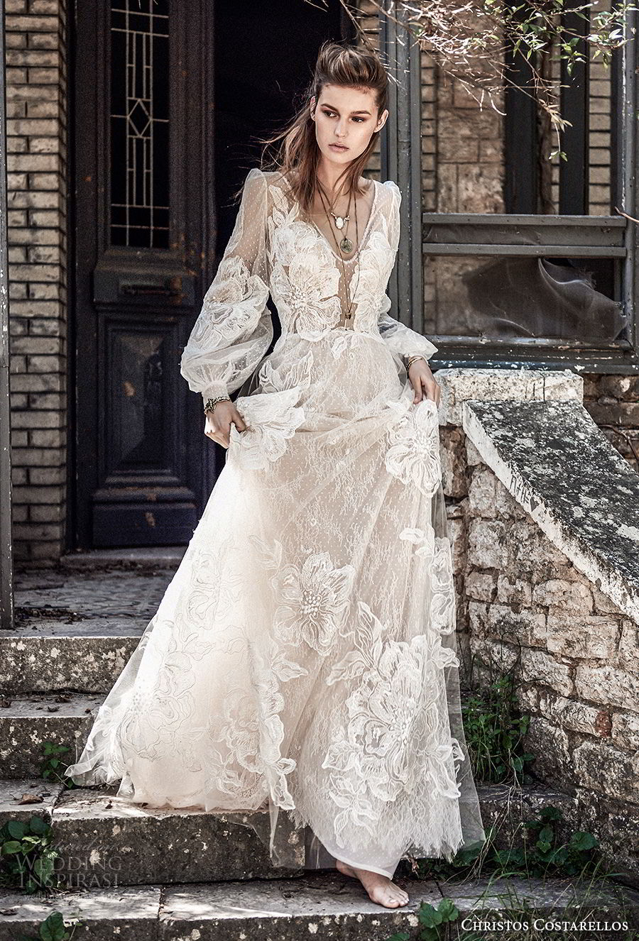 christos costarellos spring 2018 bridal long bishop sleeves v neck full lace embellishment bohemian elegant a  line wedding dress (70) mv