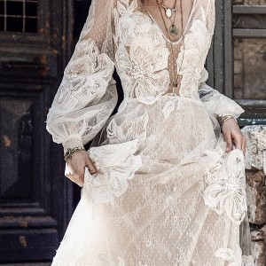 christos costarellos spring 2018 bridal long bishop sleeves v neck full lace embellishment bohemian elegant a  line wedding dress (70) zv