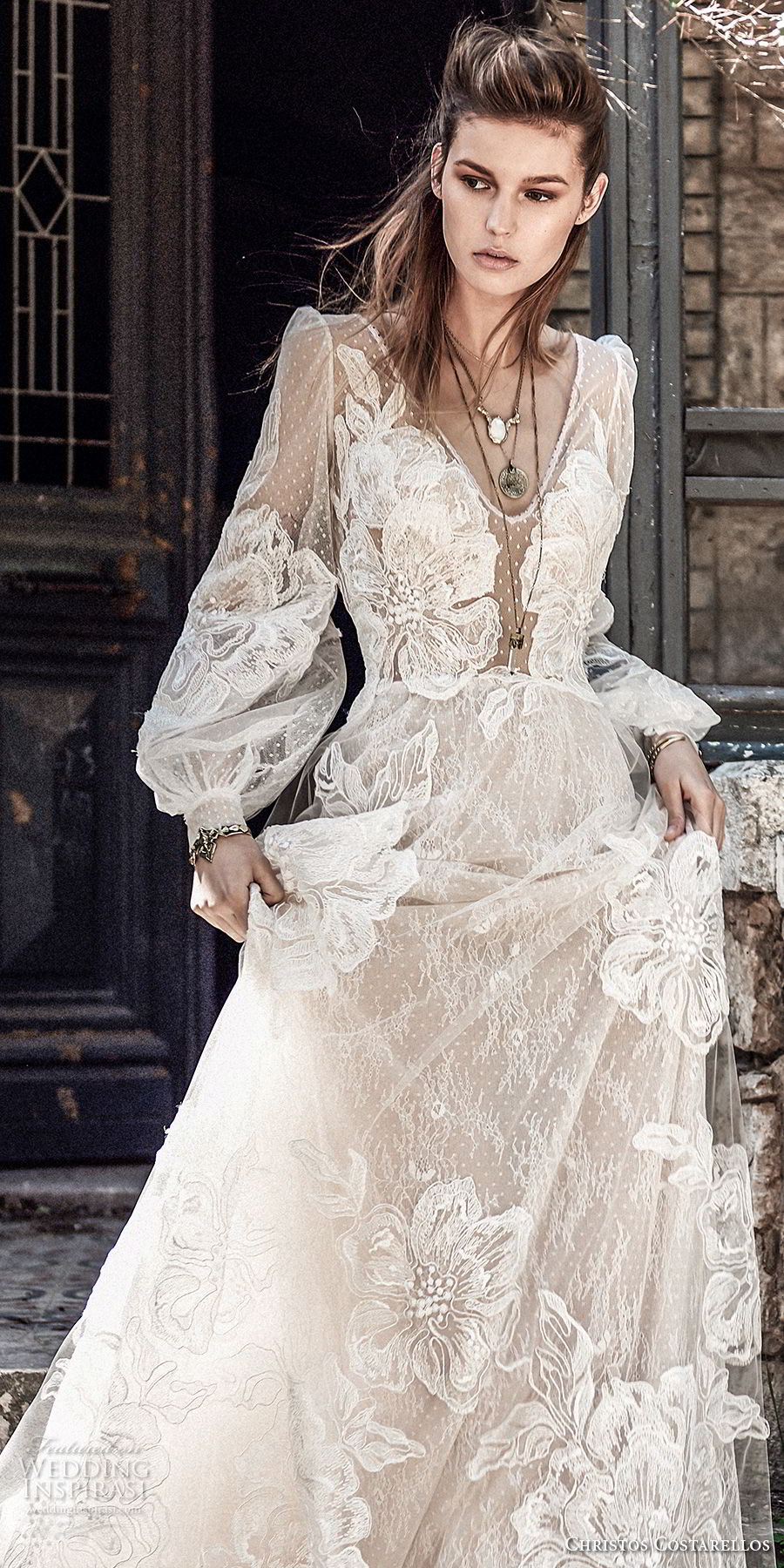 christos costarellos spring 2018 bridal long bishop sleeves v neck full lace embellishment bohemian elegant a  line wedding dress (70) zv