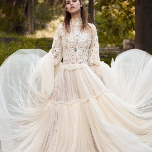 christos costarellos spring 2018 bridal long sleeves hgh neck heavily embellished bodice bohemian romantic modest a  line wedding dress (45) mv