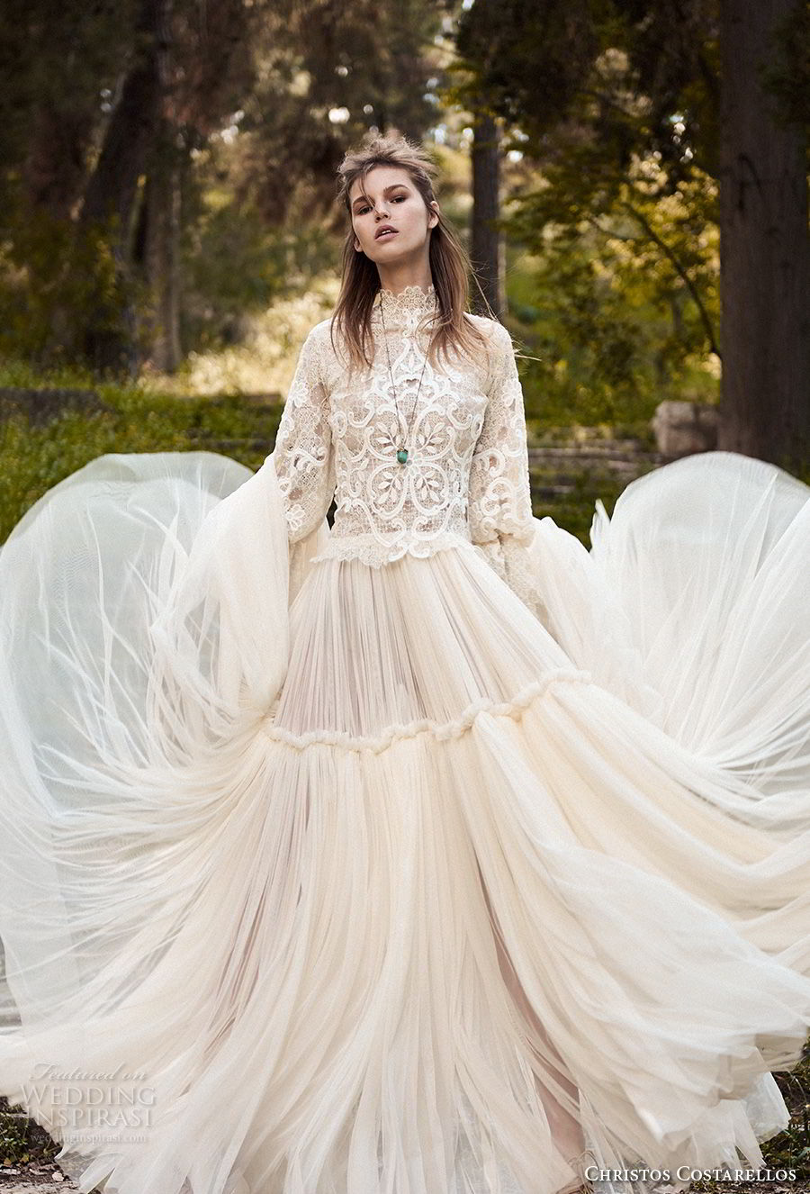 christos costarellos spring 2018 bridal long sleeves hgh neck heavily embellished bodice bohemian romantic modest a  line wedding dress (45) mv