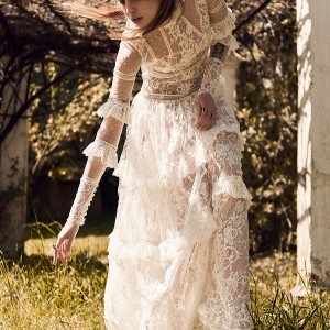 christos costarellos spring 2018 bridal long sleeves high neck full lace embellishment bohemian a  line wedding dress sheer back sweep train (32) mv