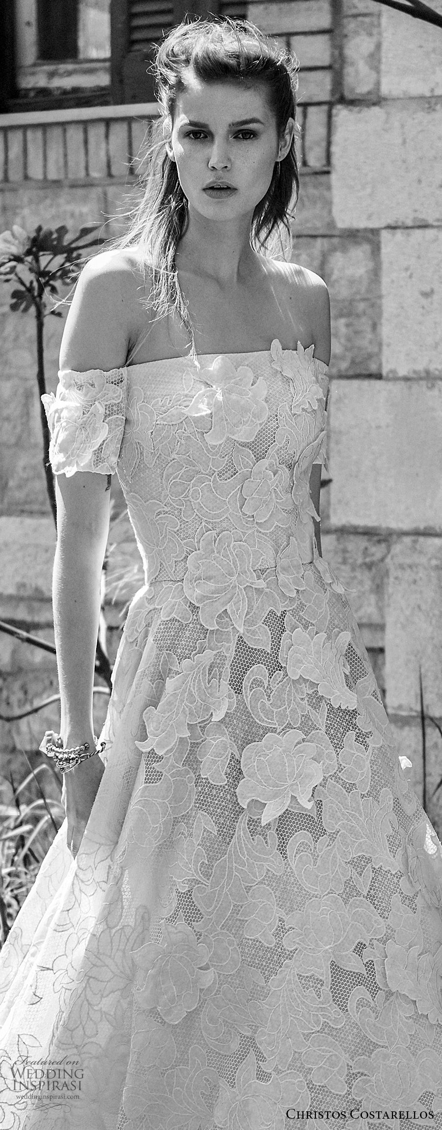 christos costarellos spring 2018 bridal off the shoulder straight across neckline full embellishment romantic a  line wedding dress medium train (50) zv