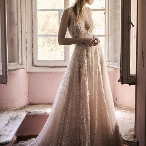 christos costarellos spring 2018 bridal sleeveless deep v neck full embellishment romantic a  line wedding dress low open scoop back chapel train (20) fv mv