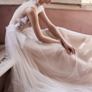 christos costarellos spring 2018 bridal sleeveless heavily embellished bodice tulle skirt romantic soft a  line wedding dress sheer button back chapel train (77) mv
