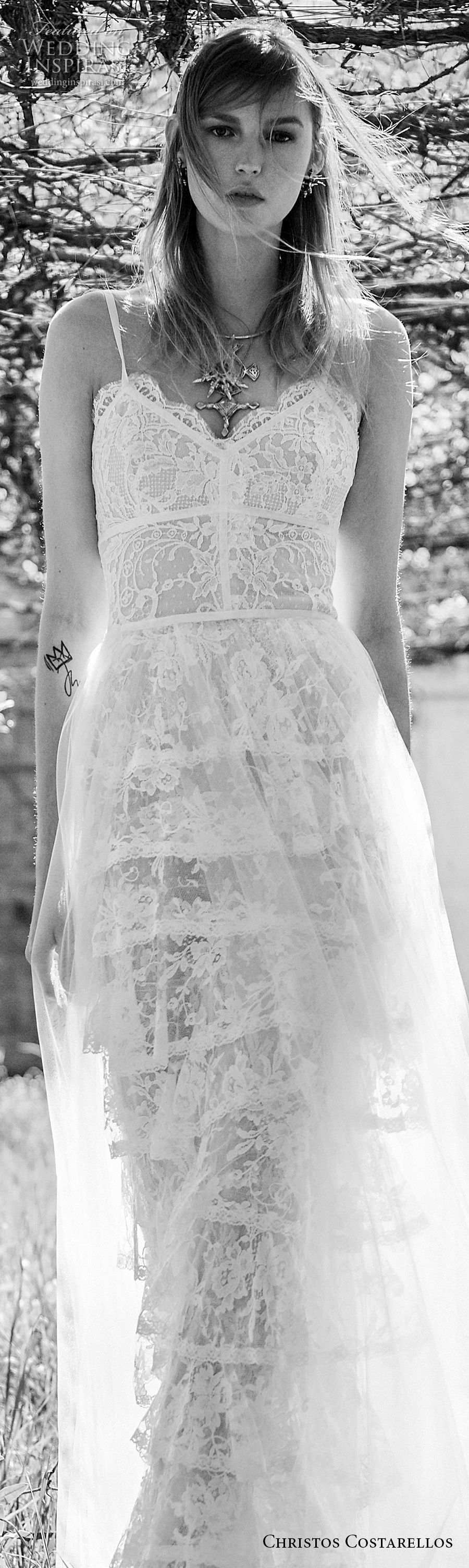 christos costarellos spring 2018 bridal sleeveless spaghetti strap sweetheart neckline full lace embellishment romantic bohemian soft a  line wedding dress sweep train (30) lv